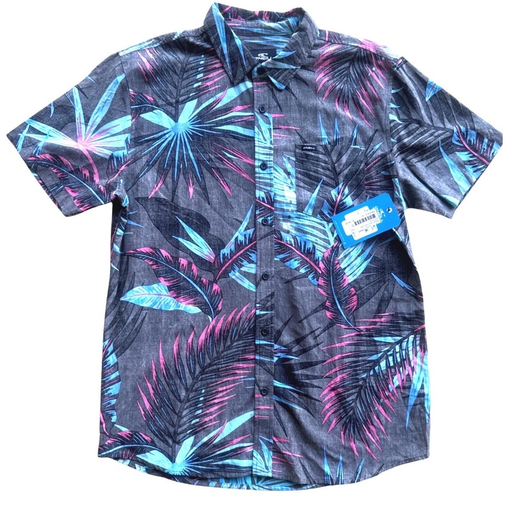 O'Neill Tropic Shirt Mens Small Gray Blue Pink Palm Floral Vacation Resort NWT